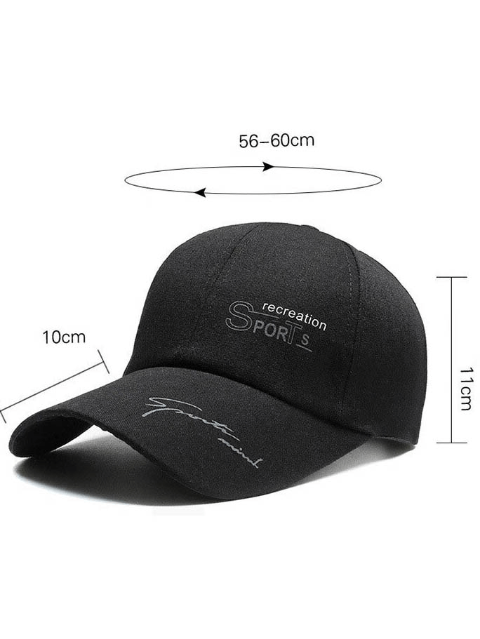 Black sports solid color adjustable baseball cap with long visor and print, featuring cotton fabric and unisex casual style - SF0797